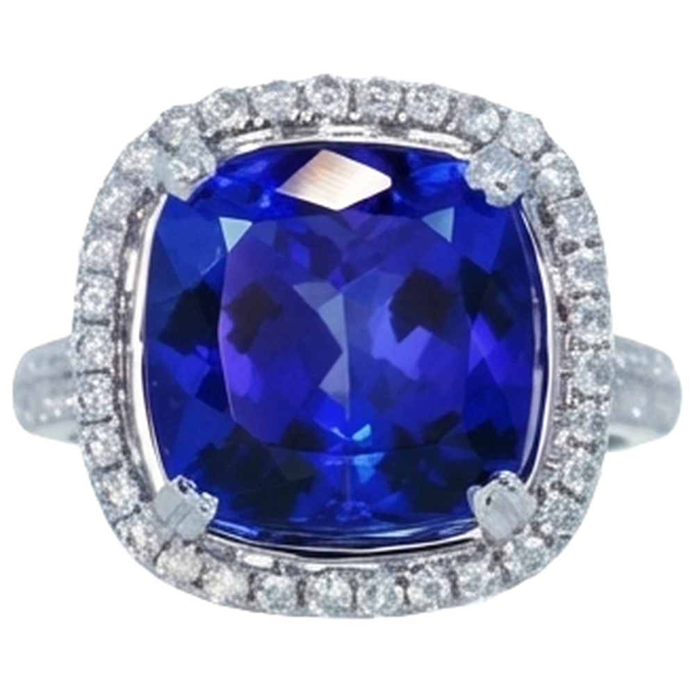 Fede nuziale in oro 14 kt con tanzanite a cuscino e diamante da 6.50 ct