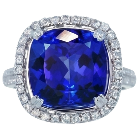 Fede nuziale in oro 14 kt con tanzanite a cuscino e diamante da 6.50 ct