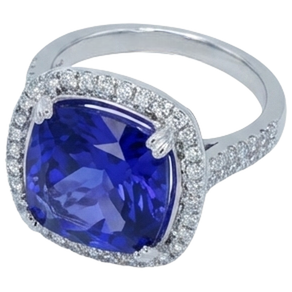 Fede nuziale in oro 14 kt con tanzanite a cuscino e diamante da 6.50 ct