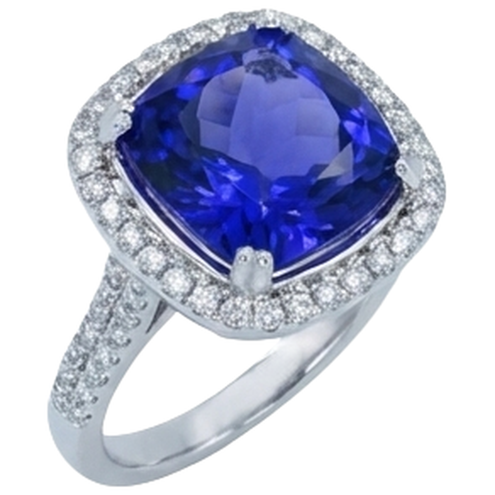 Fede nuziale in oro 14 kt con tanzanite a cuscino e diamante da 6.50 ct