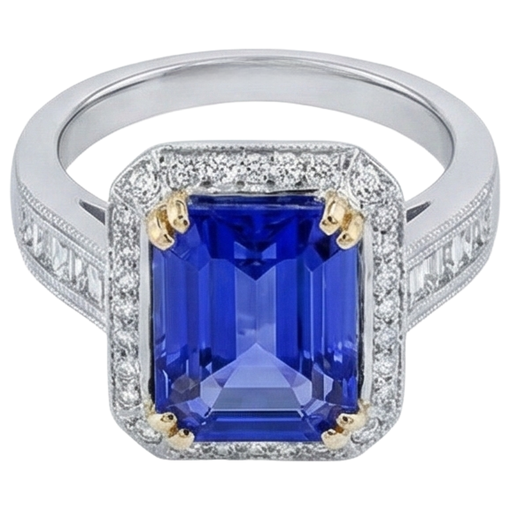 Fede nuziale in oro 14 kt con tanzanite grande e piccoli diamanti da 16.50 ct
