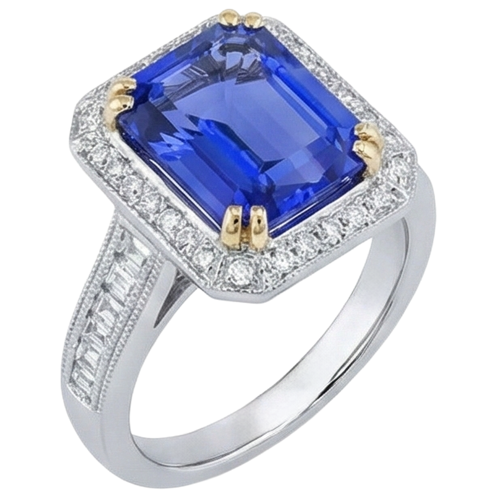 Fede nuziale in oro 14 kt con tanzanite grande e piccoli diamanti da 16.50 ct
