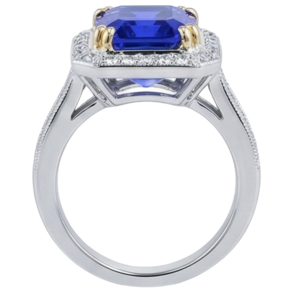 Fede nuziale in oro 14 kt con tanzanite grande e piccoli diamanti da 16.50 ct
