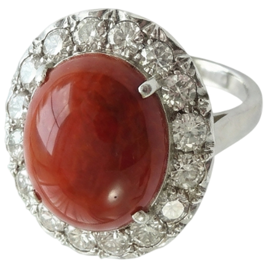 Fede nuziale in oro 14k con corallo rosso a taglio rotondo e diamanti da 11.25 ct
