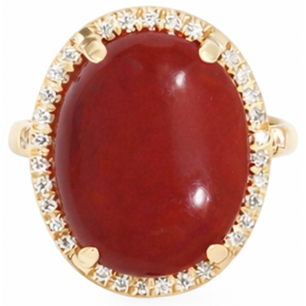 Fede nuziale in oro 14k con corallo rosso grande e piccoli diamanti da 17 ct