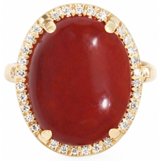 Fede nuziale in oro 14k con corallo rosso grande e piccoli diamanti da 17 ct