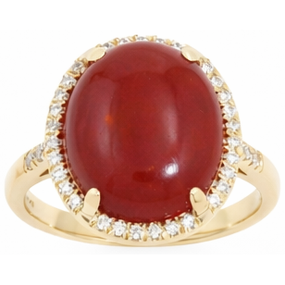 Fede nuziale in oro 14k con corallo rosso grande e piccoli diamanti da 17 ct