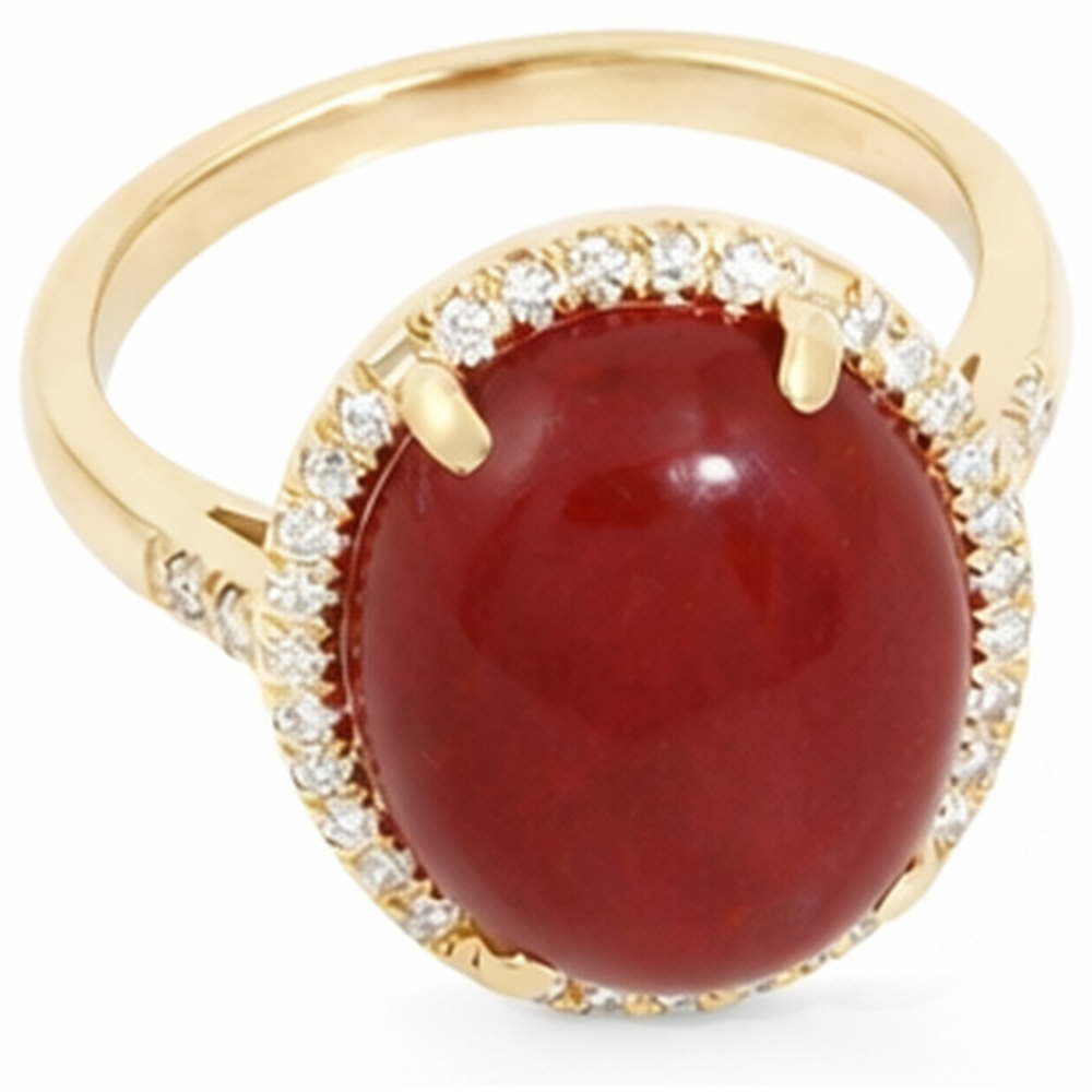 Fede nuziale in oro 14k con corallo rosso grande e piccoli diamanti da 17 ct
