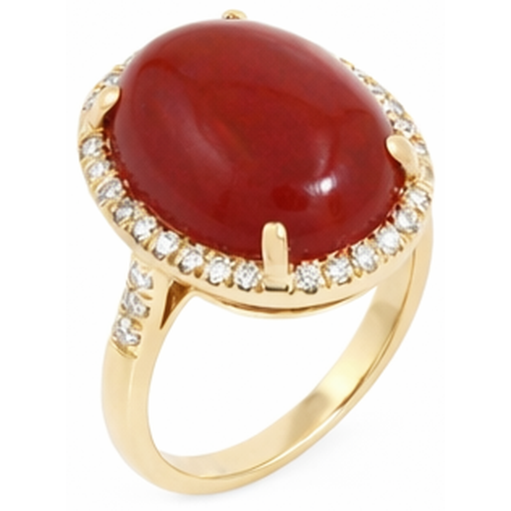 Fede nuziale in oro 14k con corallo rosso grande e piccoli diamanti da 17 ct