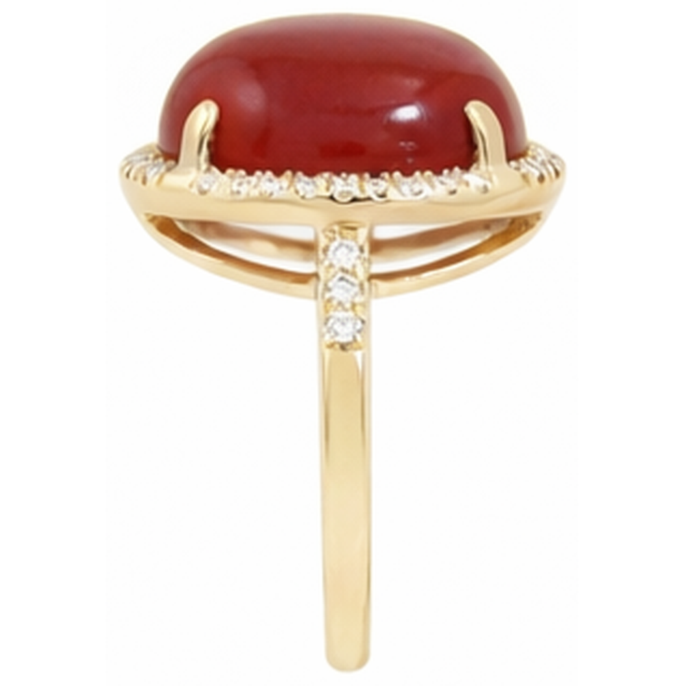 Fede nuziale in oro 14k con corallo rosso grande e piccoli diamanti da 17 ct