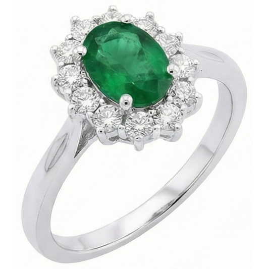 Fede nuziale in oro bianco 14 kt con smeraldo verde e diamanti a forma ovale da 2 ct