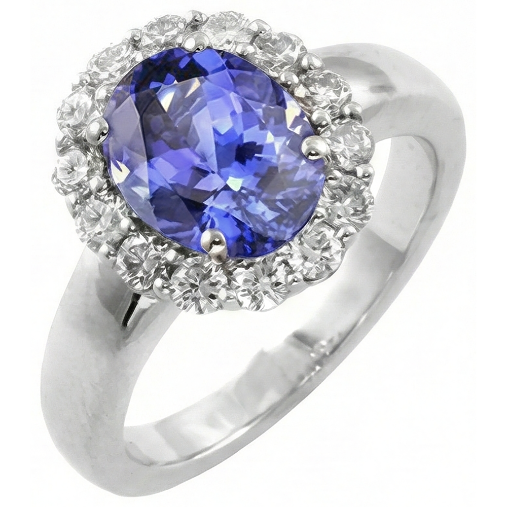Fede nuziale in oro bianco 14 kt con tanzanite ovale da 7.50 ct con diamanti