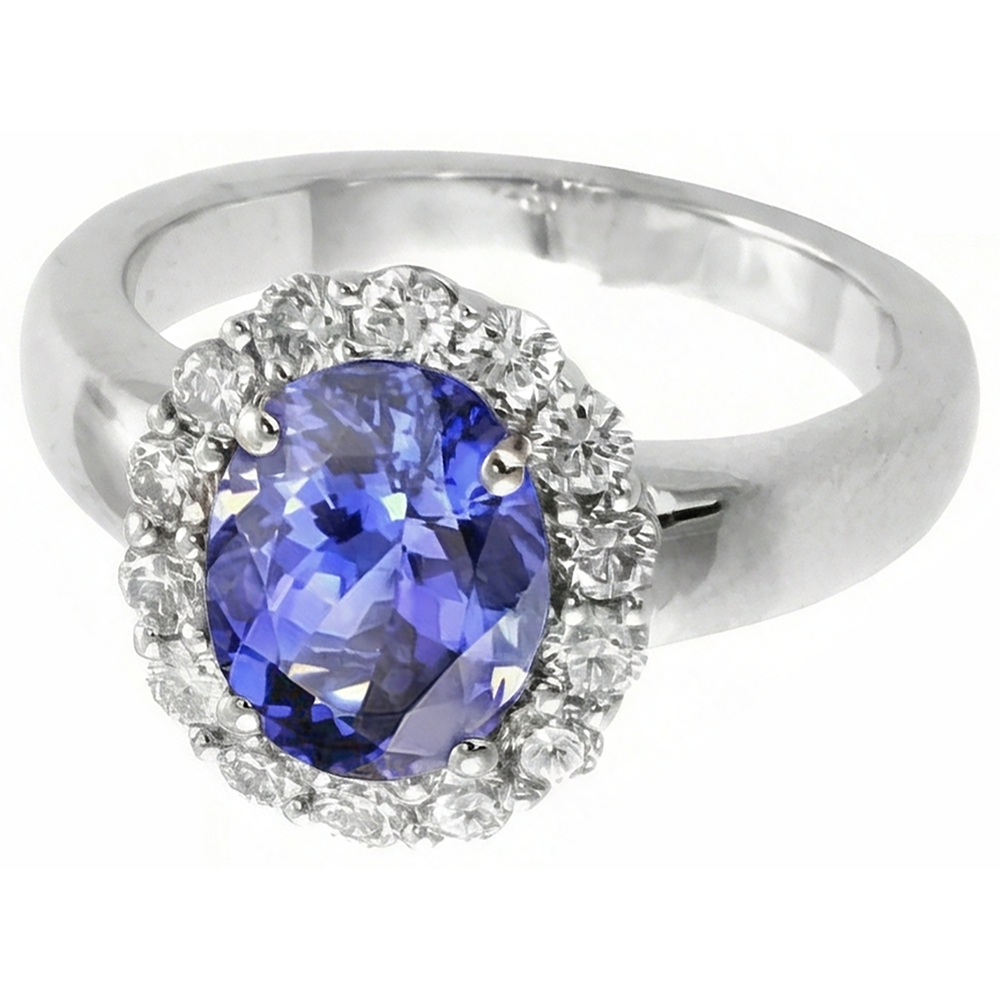 Fede nuziale in oro bianco 14 kt con tanzanite ovale da 7.50 ct con diamanti