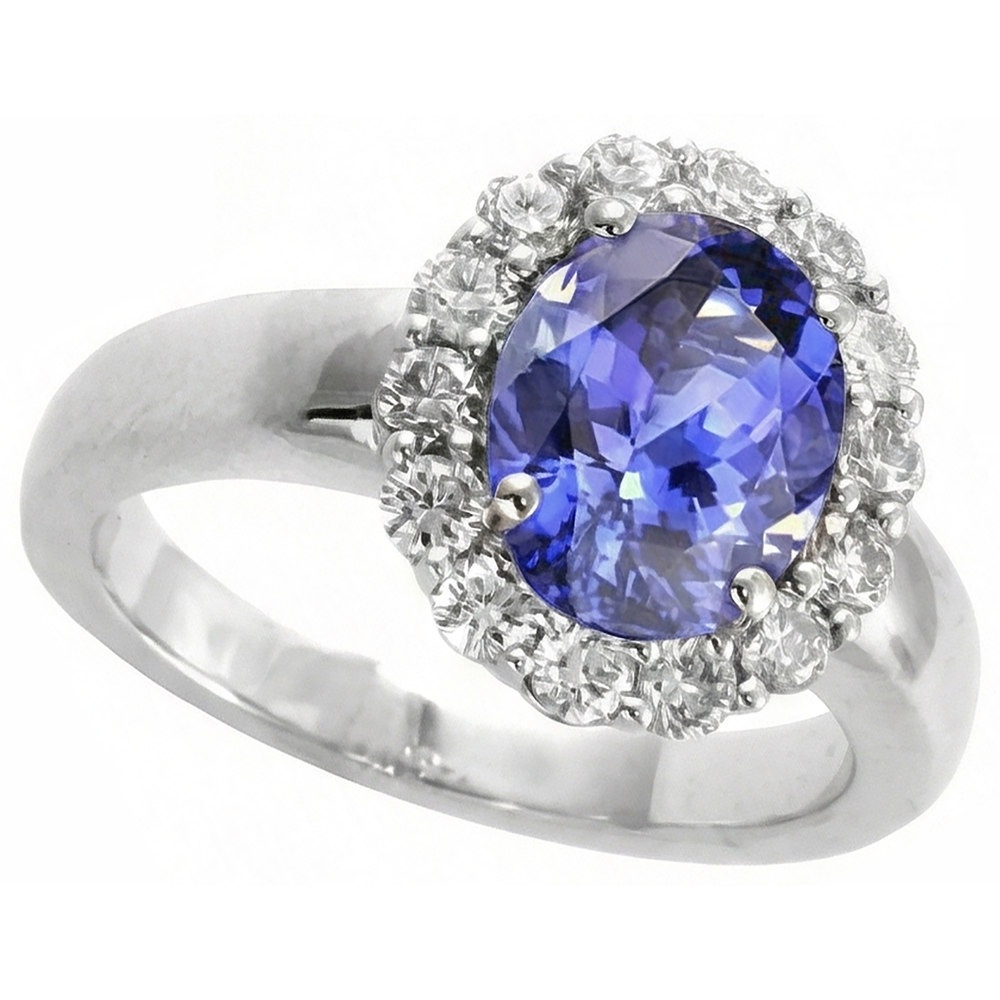 Fede nuziale in oro bianco 14 kt con tanzanite ovale da 7.50 ct con diamanti