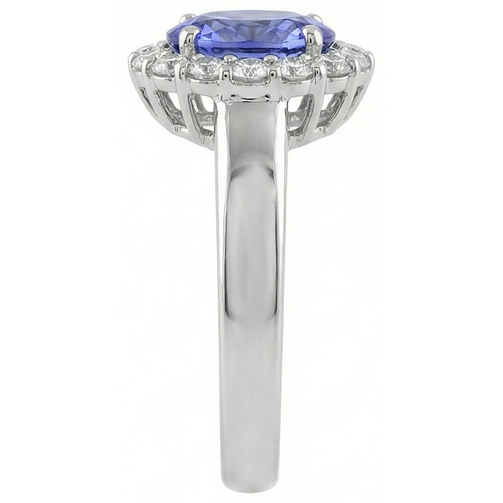 Fede nuziale in oro bianco 14 kt con tanzanite ovale da 7.50 ct con diamanti