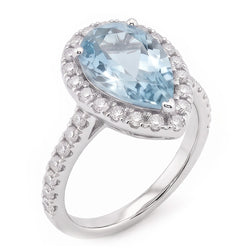 Fede nuziale in oro bianco 14K con acquamarina e diamanti a forma di pera 14 Ct