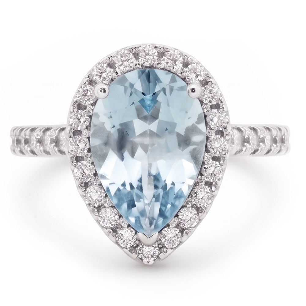 Fede nuziale in oro bianco 14K con acquamarina e diamanti a forma di pera 14 Ct