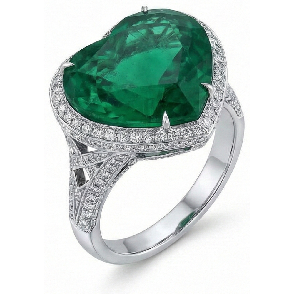 Fede nuziale in oro bianco 14K con diamanti e Verde smeraldo taglio cuore verde 9 ct