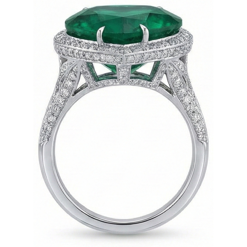 Fede nuziale in oro bianco 14K con diamanti e Verde smeraldo taglio cuore verde 9 ct
