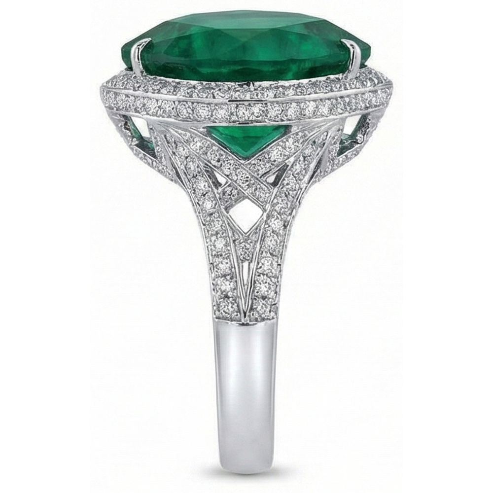 Fede nuziale in oro bianco 14K con diamanti e Verde smeraldo taglio cuore verde 9 ct