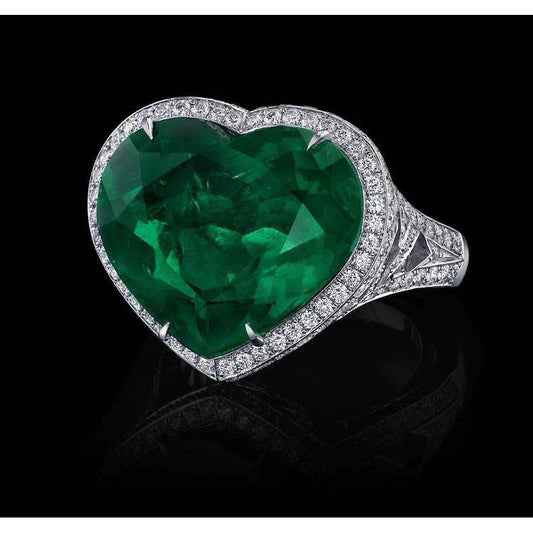 Fede nuziale in oro bianco 14K con diamanti e Verde smeraldo taglio cuore verde 9 ct