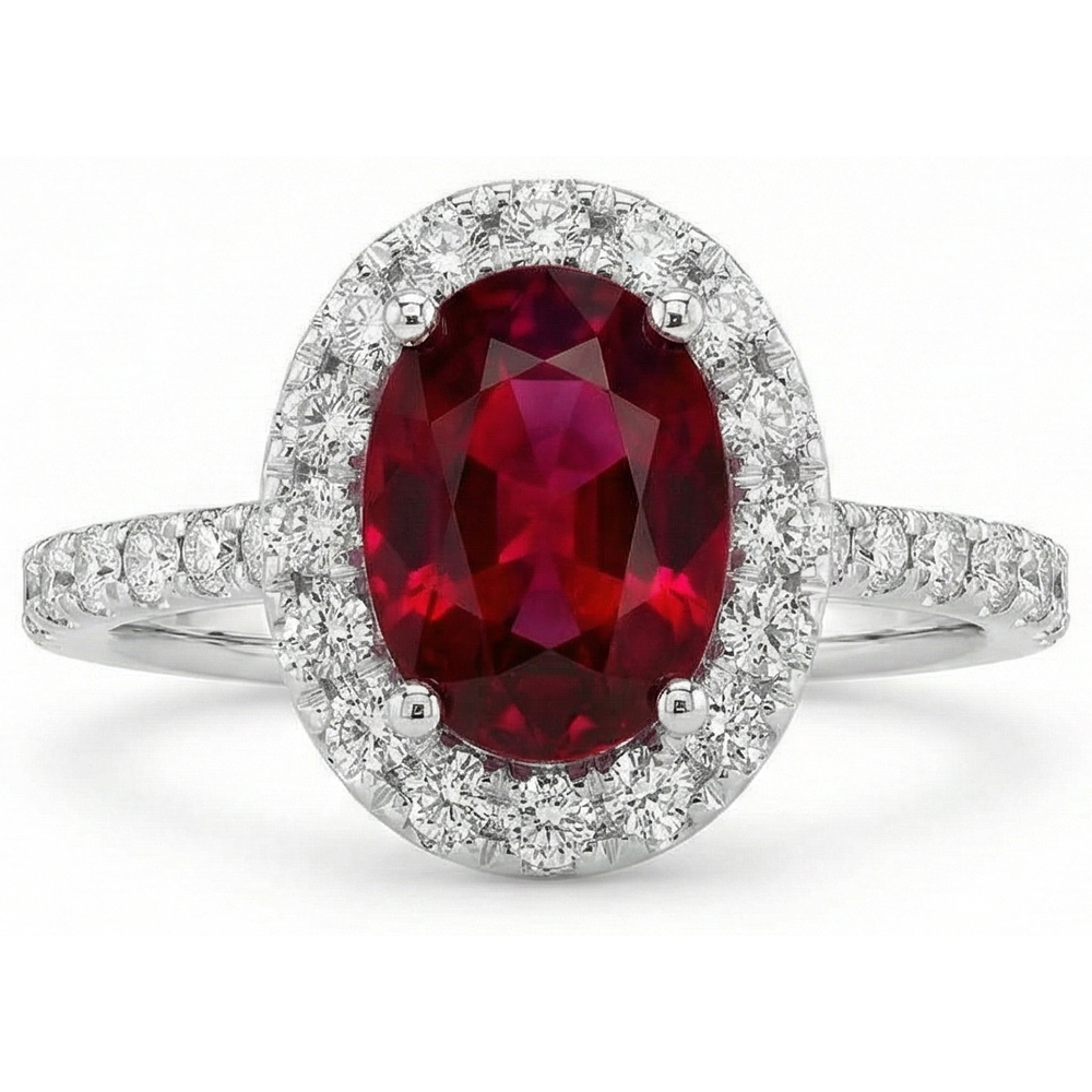 Fede nuziale in oro bianco 14K con diamanti. rubino e alone. 4.55 ct