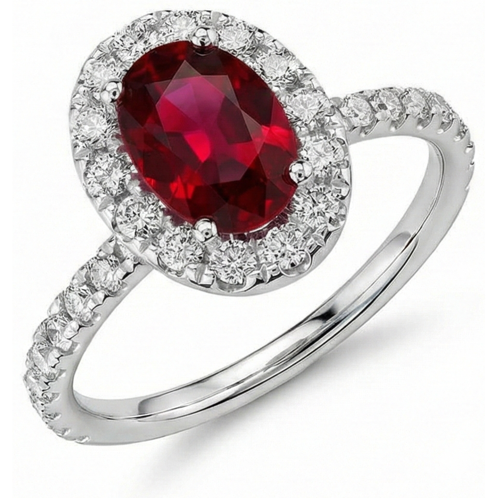 Fede nuziale in oro bianco 14K con diamanti. rubino e alone. 4.55 ct