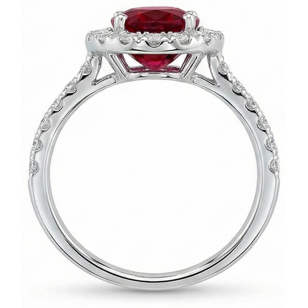 Fede nuziale in oro bianco 14K con diamanti. rubino e alone. 4.55 ct