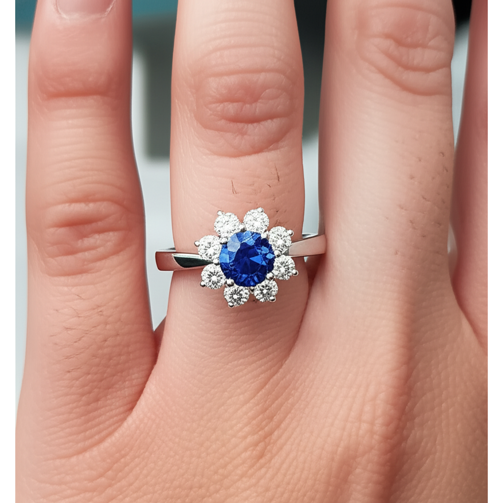 Fede nuziale in oro bianco 14K con zaffiro e diamanti a taglio rotondo da 2.45 ct