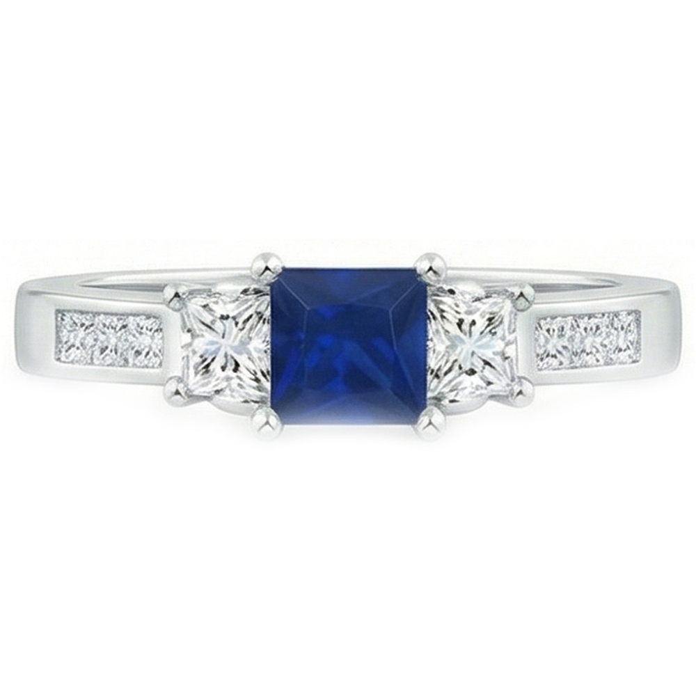 Fede nuziale in oro bianco 14k con zaffiro e diamanti taglio princess da 2.85 ct