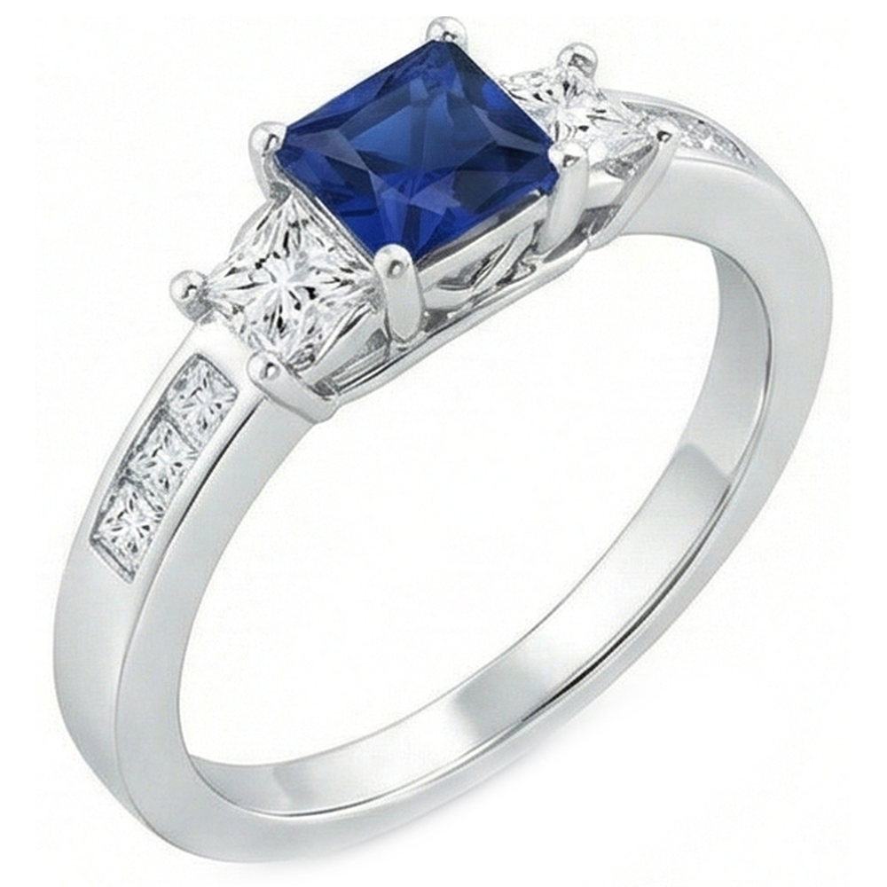 Fede nuziale in oro bianco 14k con zaffiro e diamanti taglio princess da 2.85 ct