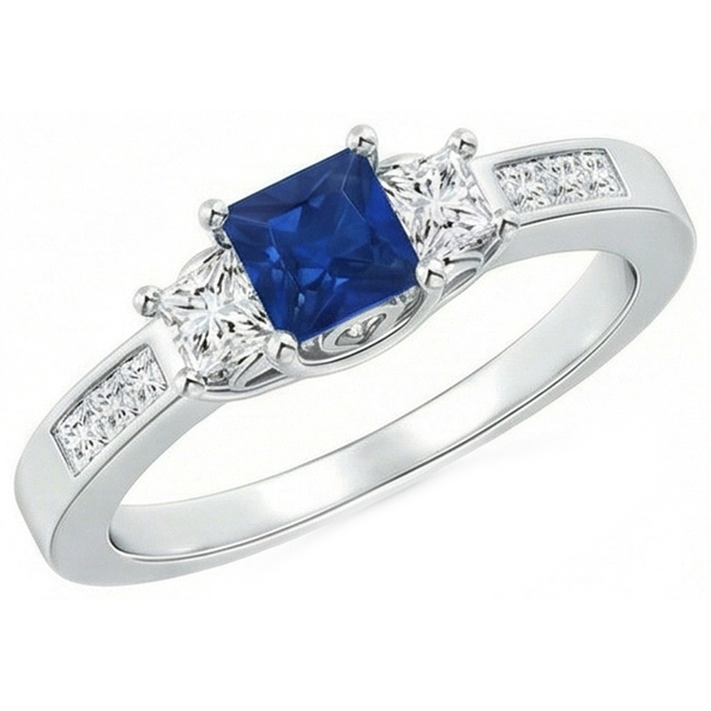 Fede nuziale in oro bianco 14k con zaffiro e diamanti taglio princess da 2.85 ct