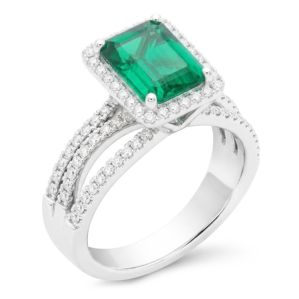 Fede nuziale in oro bianco con diamante verde smeraldo taglio smeraldo 8.50 carati