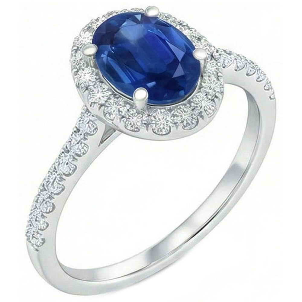 Fede nuziale in oro bianco con diamante zaffiro blu di Ceylon ovale 2.25 ct