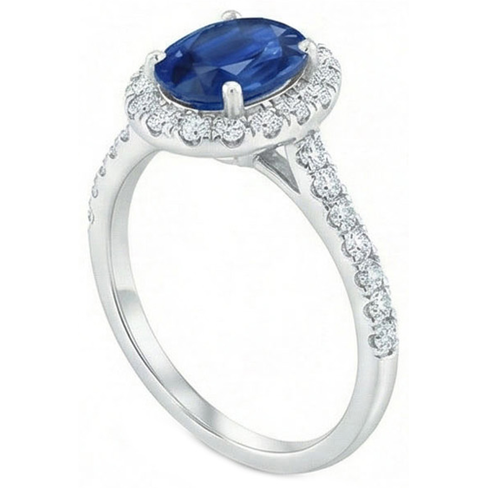 Fede nuziale in oro bianco con diamante zaffiro blu di Ceylon ovale 2.25 ct