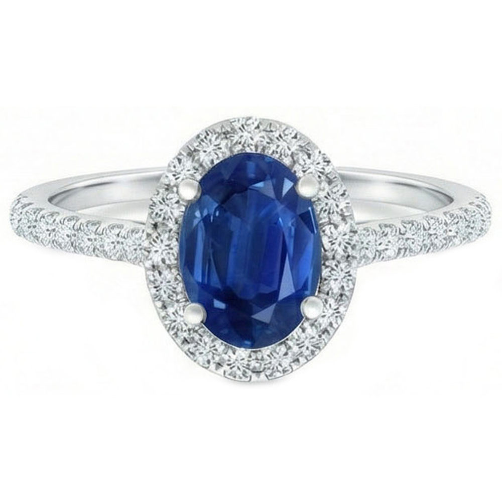 Fede nuziale in oro bianco con diamante zaffiro blu di Ceylon ovale 2.25 ct