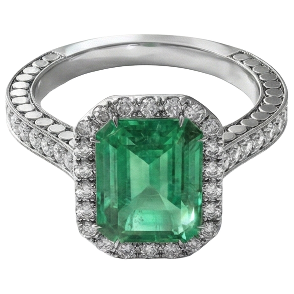 Fede nuziale in oro bianco con diamanti e smeraldo verde 21.50 ct