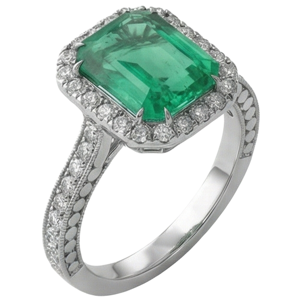Fede nuziale in oro bianco con diamanti e smeraldo verde 21.50 ct