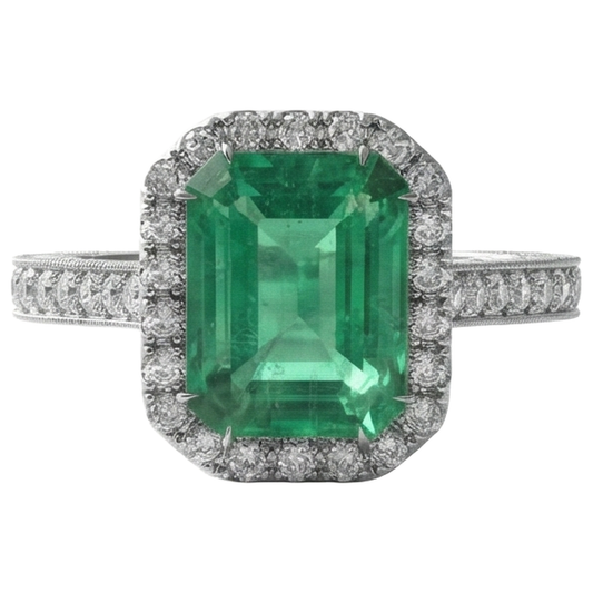 Fede nuziale in oro bianco con diamanti e smeraldo verde 21.50 ct