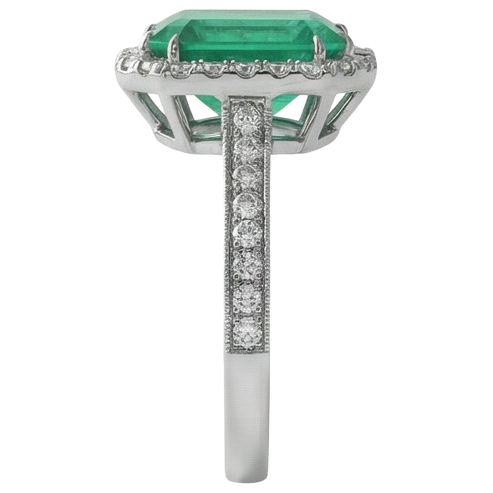 Fede nuziale in oro bianco con diamanti e smeraldo verde 21.50 ct