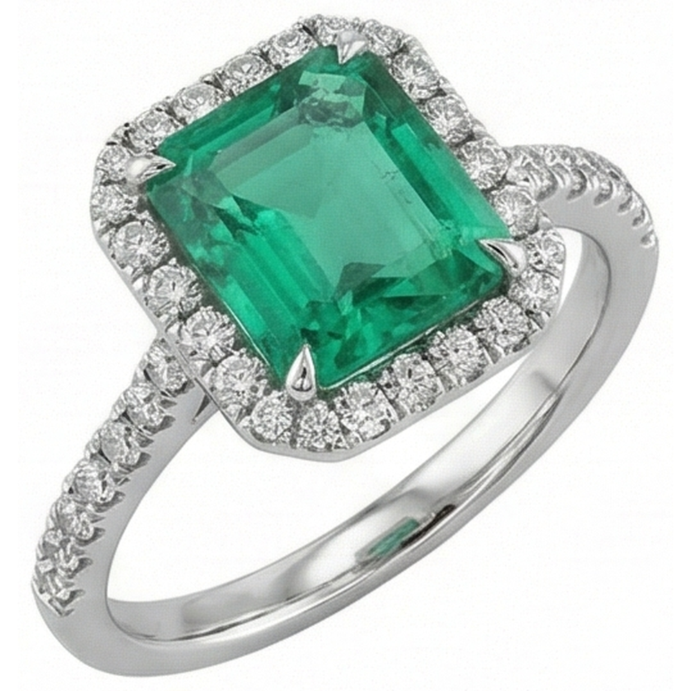 Fede nuziale in oro bianco con grandi brillanti verdi e piccoli diamanti da 9,65 ct