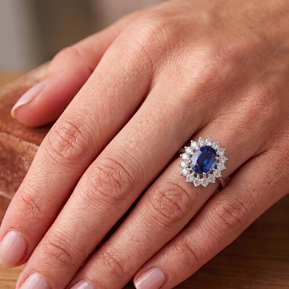 Fede nuziale in oro bianco con zaffiro dello Sri Lanka e diamante da 1.70 ct