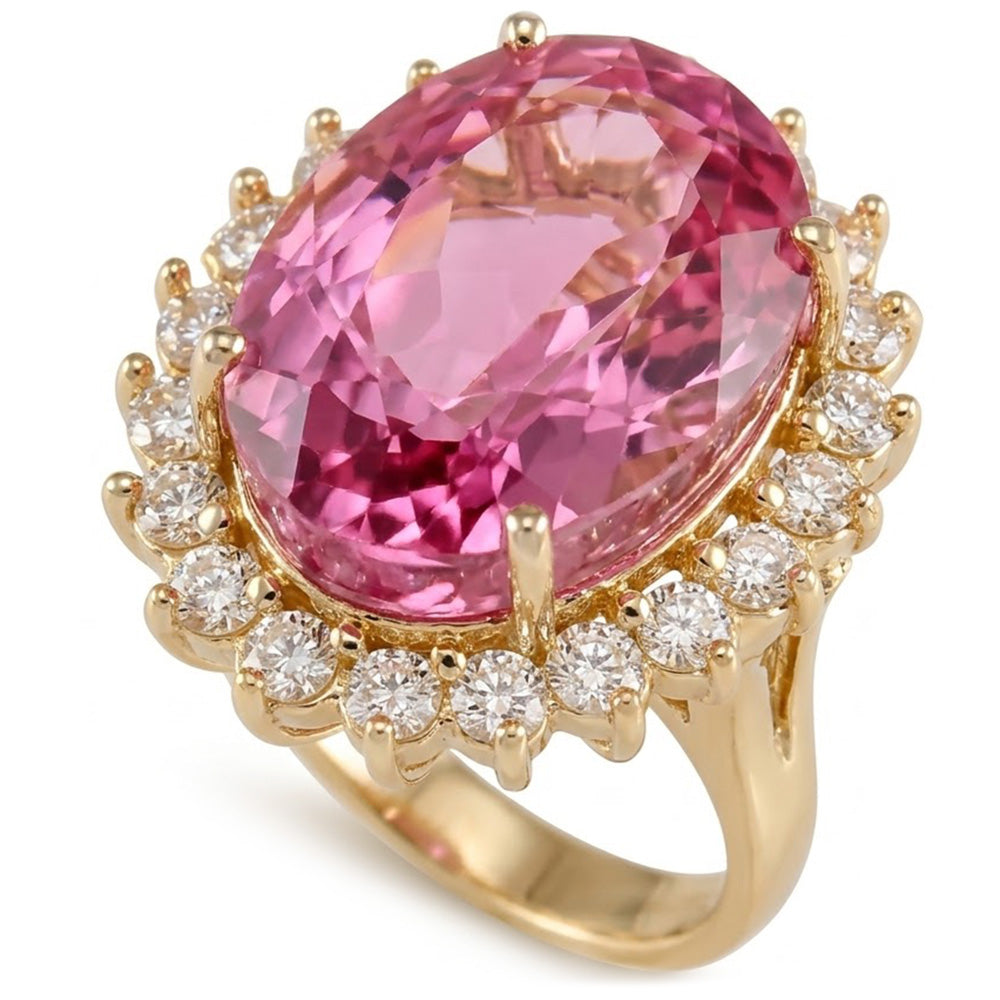 Fede nuziale in oro giallo 14 kt con kunzite rosa e diamanti 31.40 carati