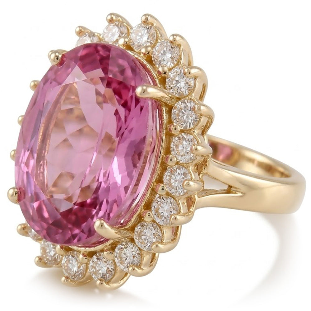 Fede nuziale in oro giallo 14 kt con kunzite rosa e diamanti 31.40 carati