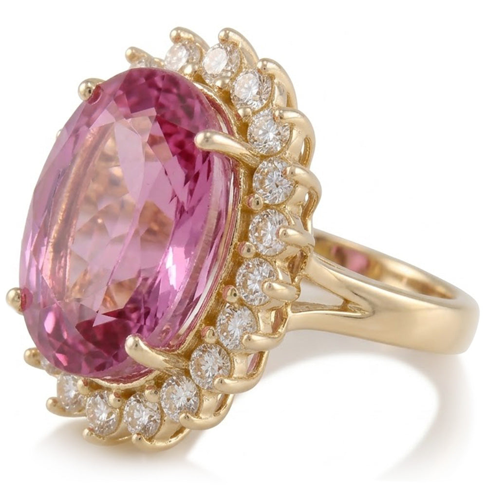 Fede nuziale in oro giallo 14 kt con kunzite rosa e diamanti 31.40 carati