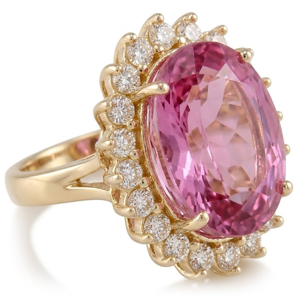 Fede nuziale in oro giallo 14 kt con kunzite rosa e diamanti 31.40 carati