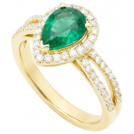 Fede nuziale in oro giallo 14K con diamanti taglio a pera da 5 kt con gemme di verde smeraldo