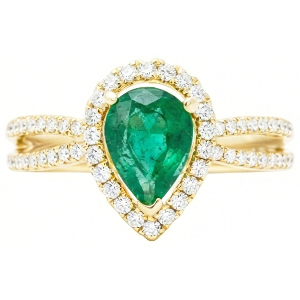 Fede nuziale in oro giallo 14K con diamanti taglio a pera da 5 kt con gemme di verde smeraldo