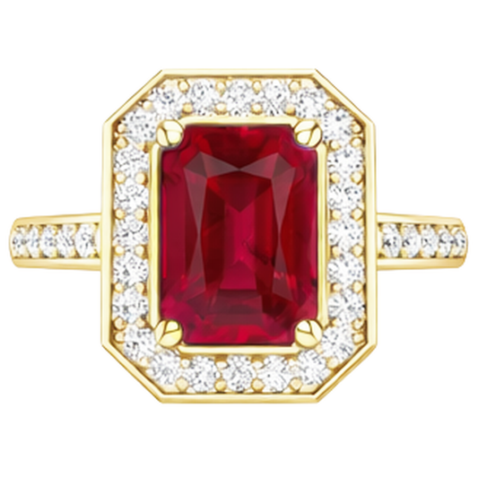 Fede nuziale in oro giallo con diamanti e rubini taglio smeraldo rosso da 4.75 ct