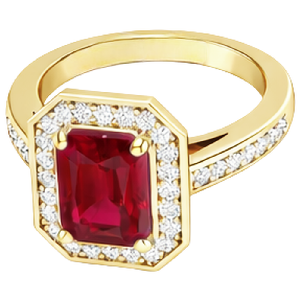 Fede nuziale in oro giallo con diamanti e rubini taglio smeraldo rosso da 4.75 ct